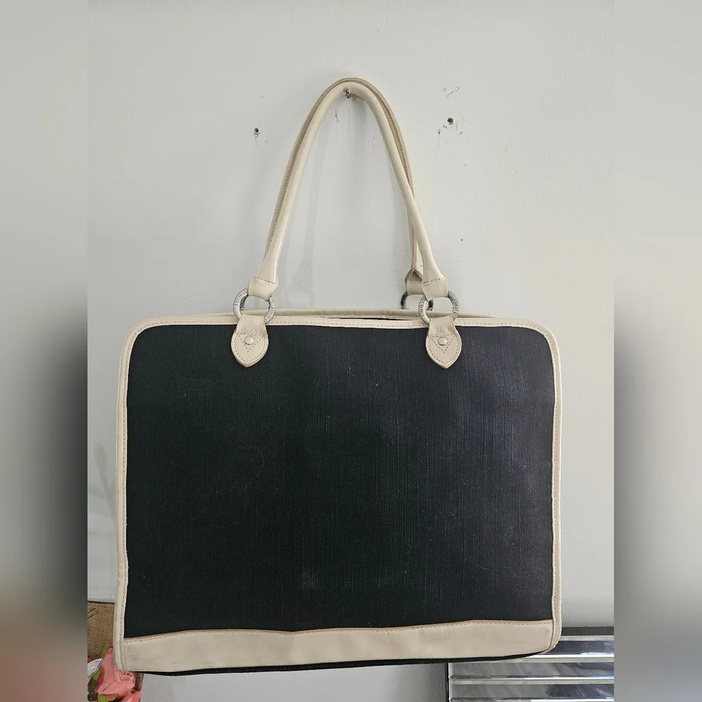 Elegant Lulu Guinness black canvas and beige leather trim shoulder bag